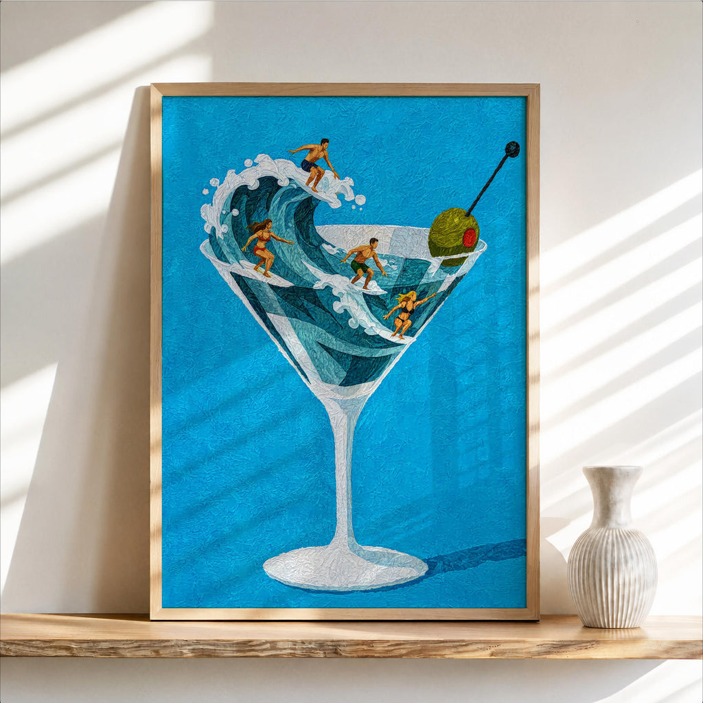 Tiny Surfers on Martini Wave Print, Miniature People in a Cocktail Glass, Coastal Bar Decor, Summer Gift for Surfers, Playful Beach Poster