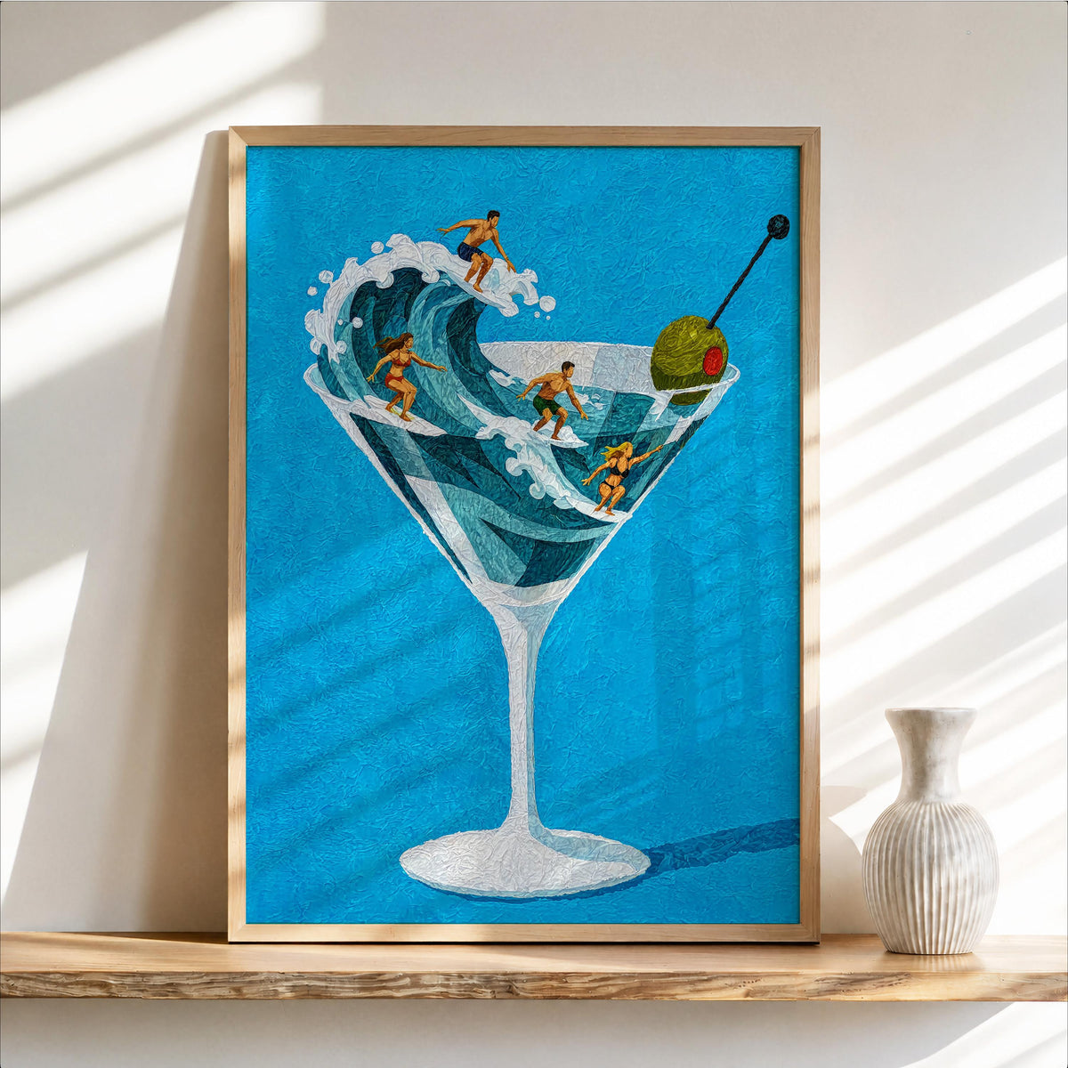 Tiny Surfers on Martini Wave Print, Miniature People in a Cocktail Glass, Coastal Bar Decor, Summer Gift for Surfers, Playful Beach Poster
