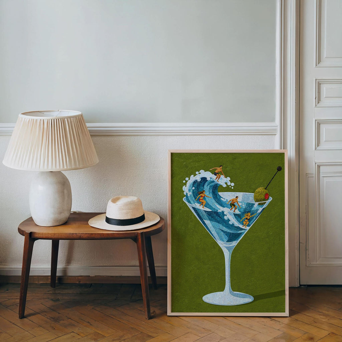 Tiny Surfers on Martini Wave Print, Miniature People in a Cocktail Glass, Coastal Bar Decor, Summer Gift for Surfers, Playful Beach Poster