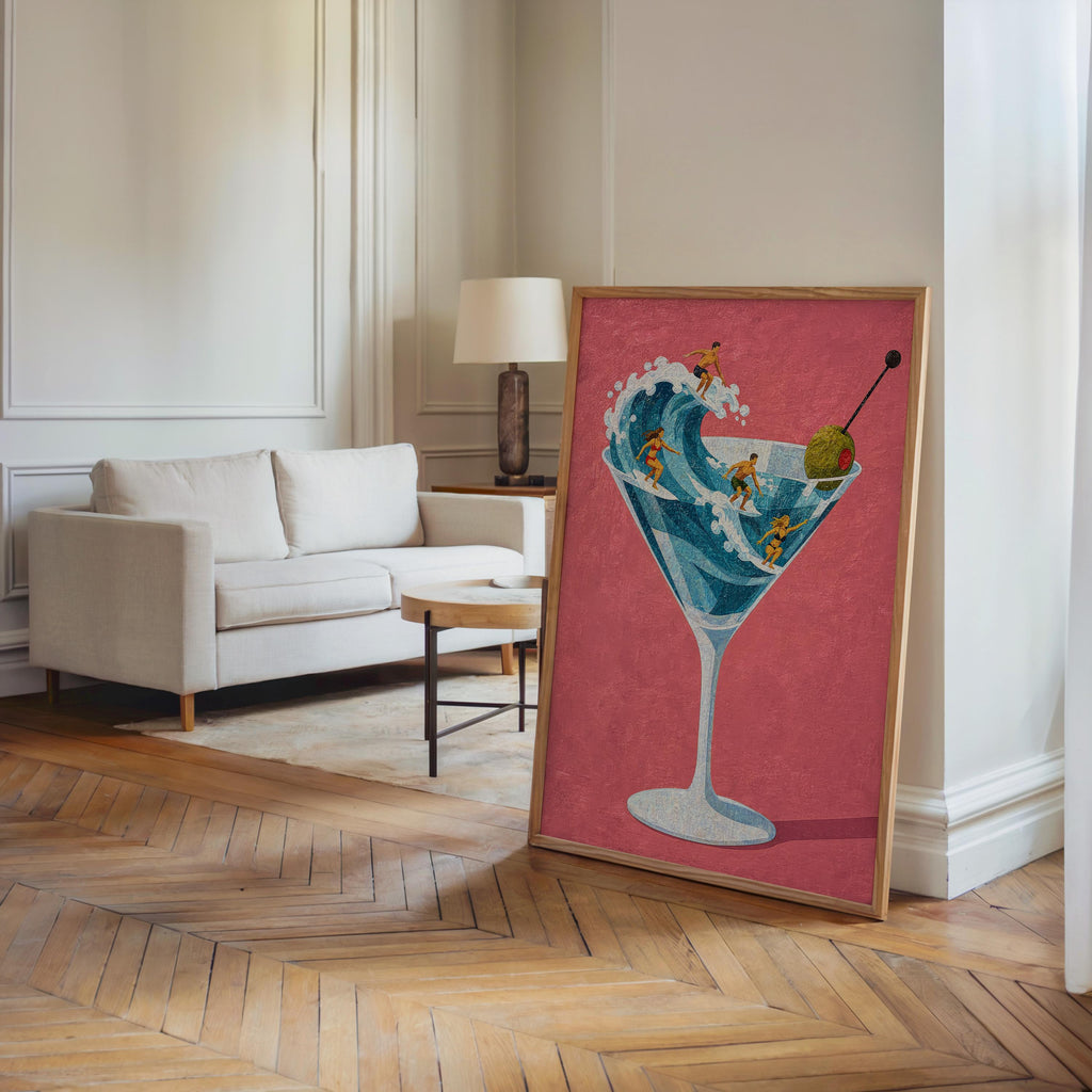 Tiny Surfers on Martini Wave Print, Miniature People in a Cocktail Glass, Coastal Bar Decor, Summer Gift for Surfers, Playful Beach Poster