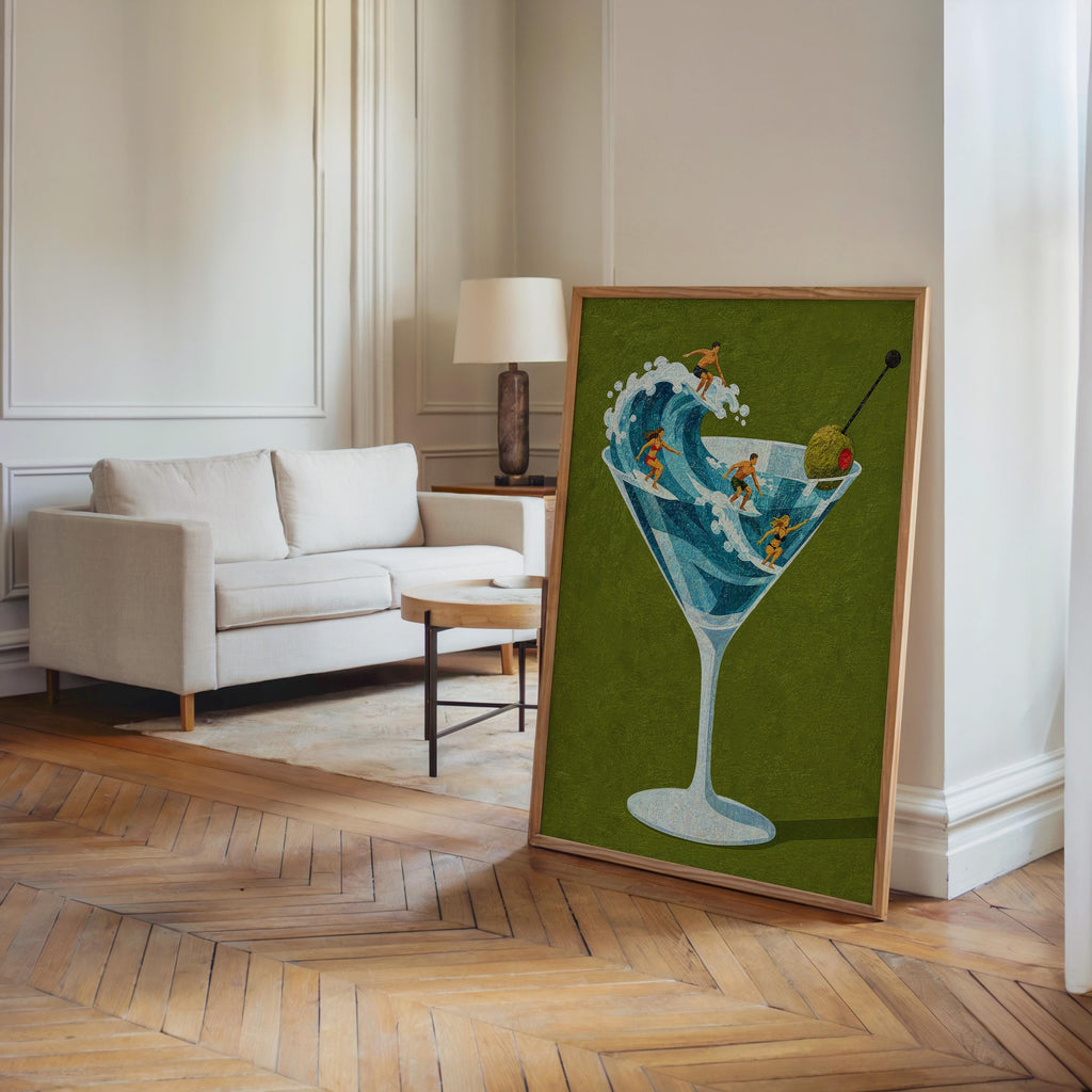 Tiny Surfers on Martini Wave Print, Miniature People in a Cocktail Glass, Coastal Bar Decor, Summer Gift for Surfers, Playful Beach Poster