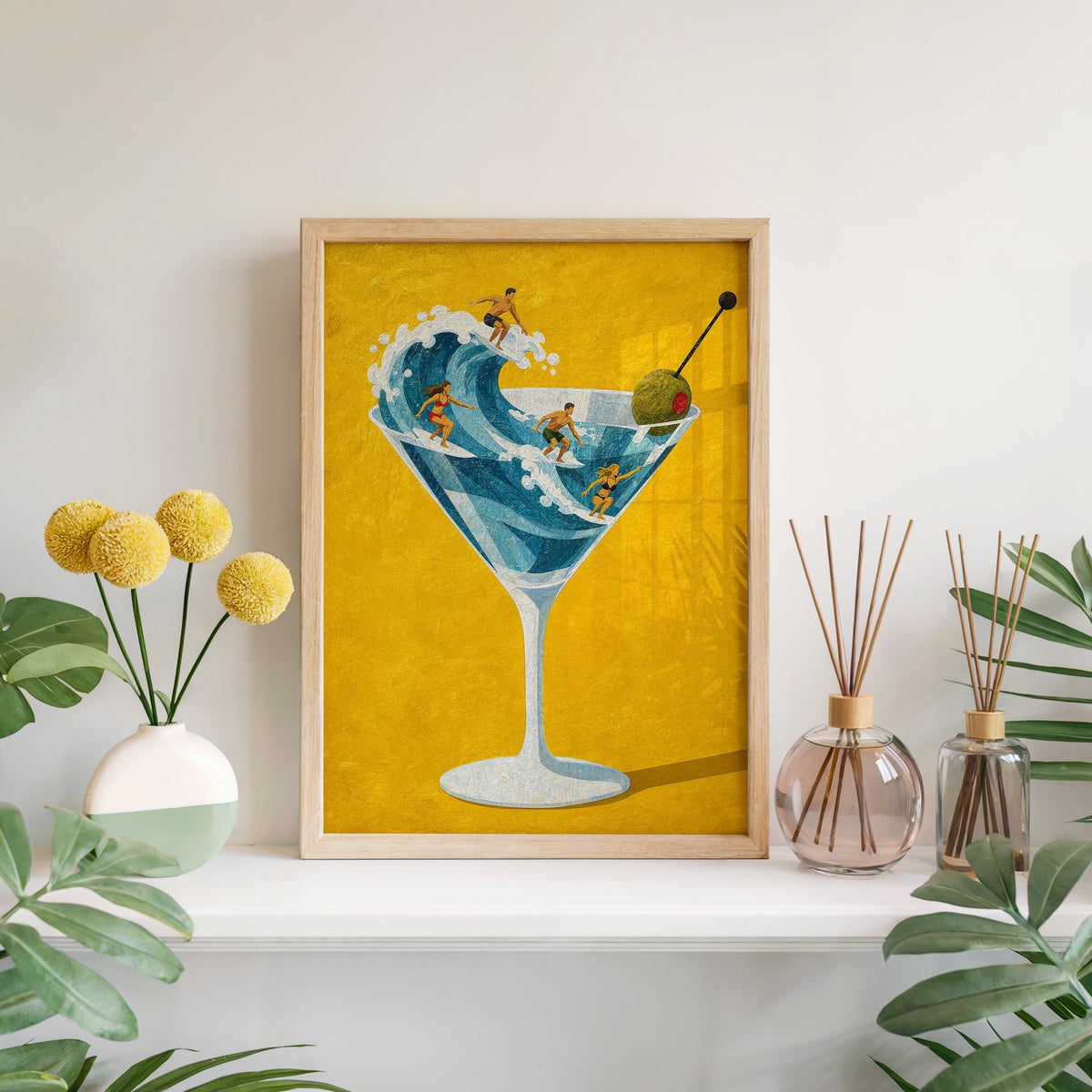 Tiny Surfers on Martini Wave Print, Miniature People in a Cocktail Glass, Coastal Bar Decor, Summer Gift for Surfers, Playful Beach Poster
