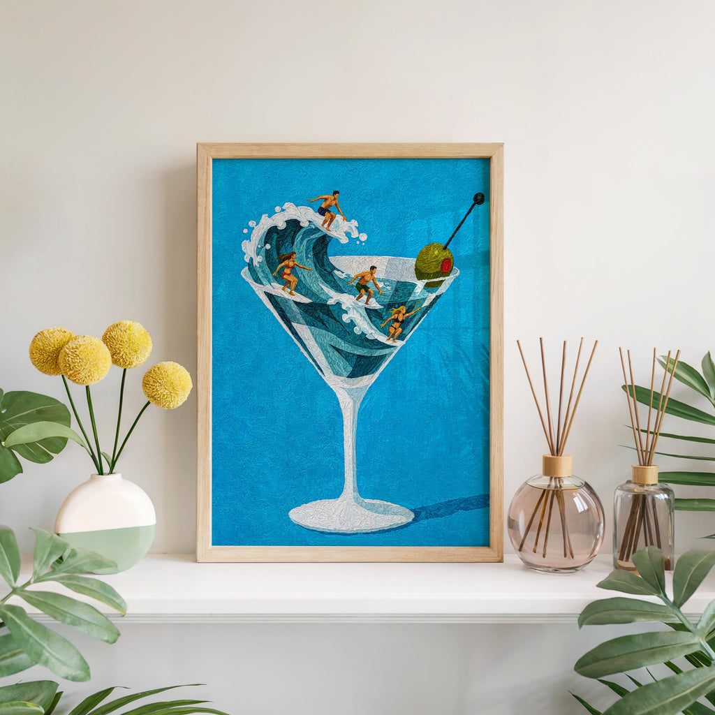 Tiny Surfers on Martini Wave Print, Miniature People in a Cocktail Glass, Coastal Bar Decor, Summer Gift for Surfers, Playful Beach Poster