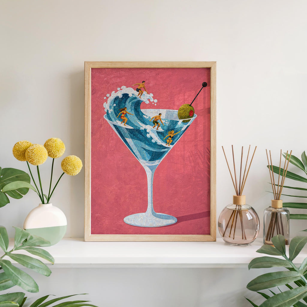 Tiny Surfers on Martini Wave Print, Miniature People in a Cocktail Glass, Coastal Bar Decor, Summer Gift for Surfers, Playful Beach Poster