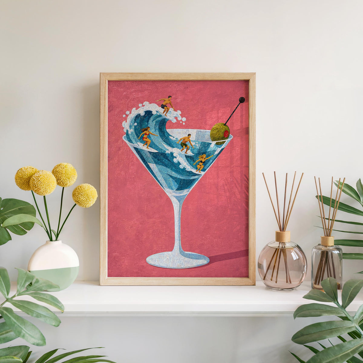 Tiny Surfers on Martini Wave Print, Miniature People in a Cocktail Glass, Coastal Bar Decor, Summer Gift for Surfers, Playful Beach Poster