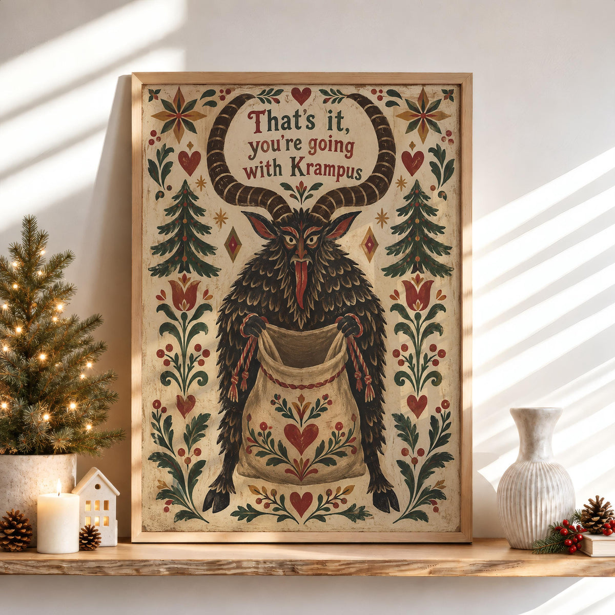 Krampus Christmas Print, Folk Art Devil Decor, Vintage Xmas Holiday Scene, Gruss Vom Krampus, Naughty Kids Gift, Dark Gothic Winter Poster