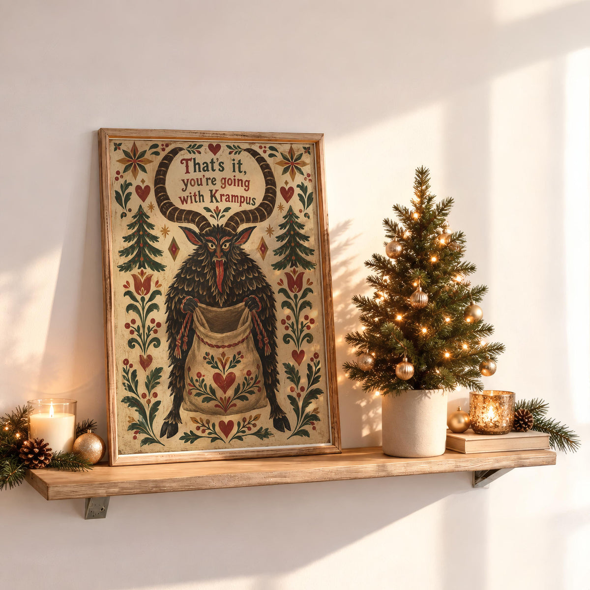 Krampus Christmas Print, Folk Art Devil Decor, Vintage Xmas Holiday Scene, Gruss Vom Krampus, Naughty Kids Gift, Dark Gothic Winter Poster