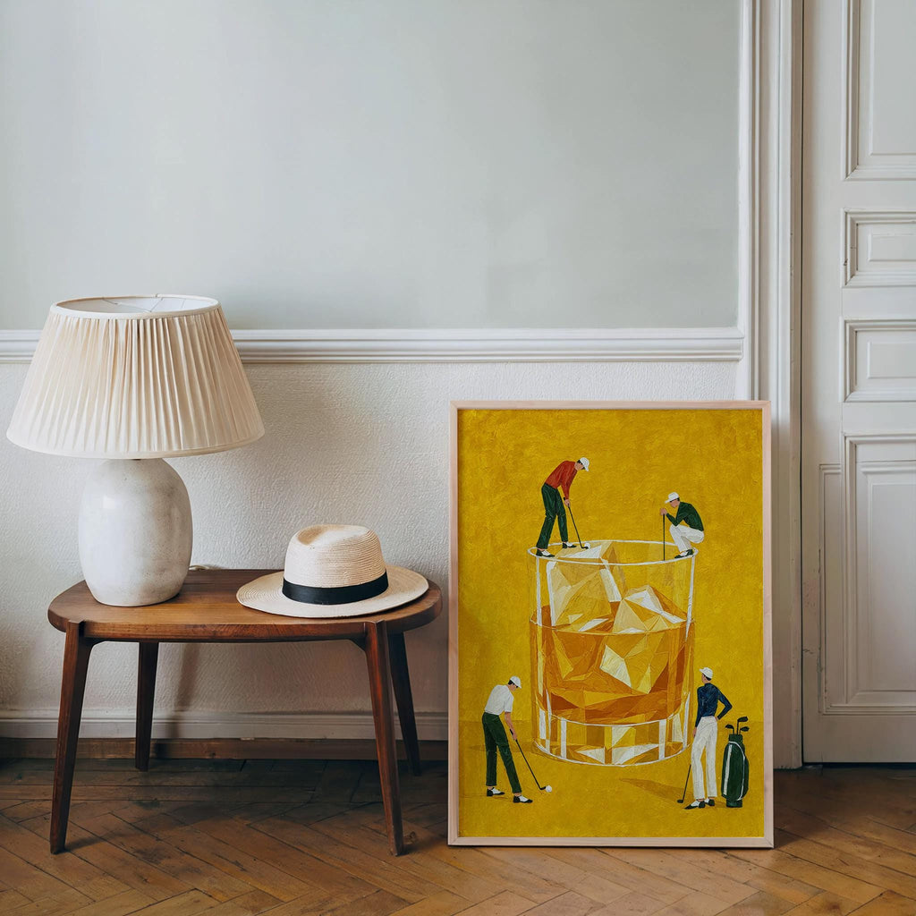 Whiskey Golf Print, Tiny Golfers on a Cocktail Glass, Country Club Bar Decor, Funny Bourbon Golfer Gift, Retro Drinking Poster