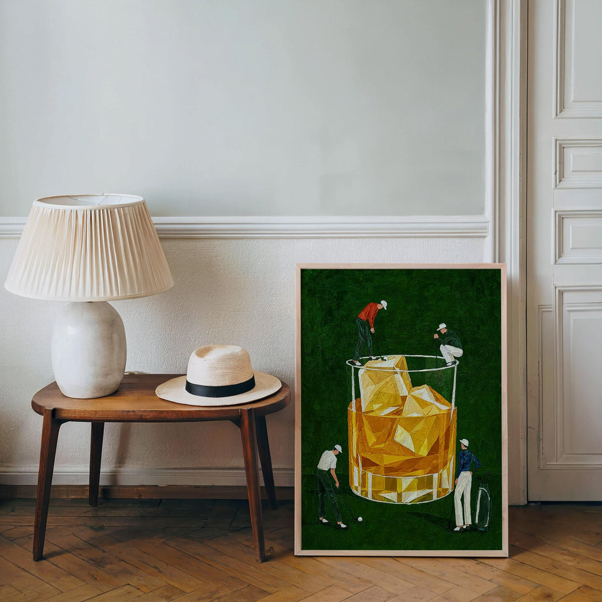 Whiskey Golf Print, Tiny Golfers on a Cocktail Glass, Country Club Bar Decor, Funny Bourbon Golfer Gift, Retro Drinking Poster
