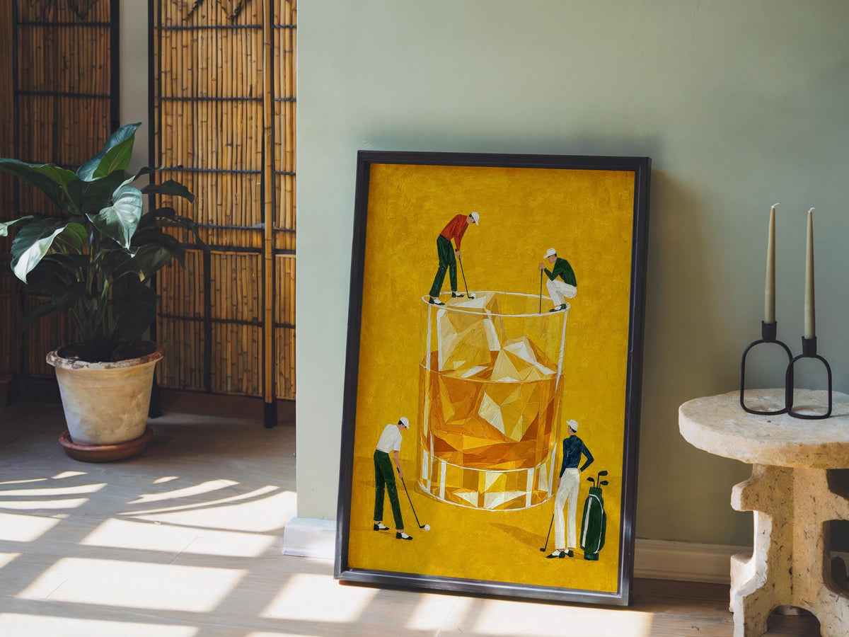 Whiskey Golf Print, Tiny Golfers on a Cocktail Glass, Country Club Bar Decor, Funny Bourbon Golfer Gift, Retro Drinking Poster