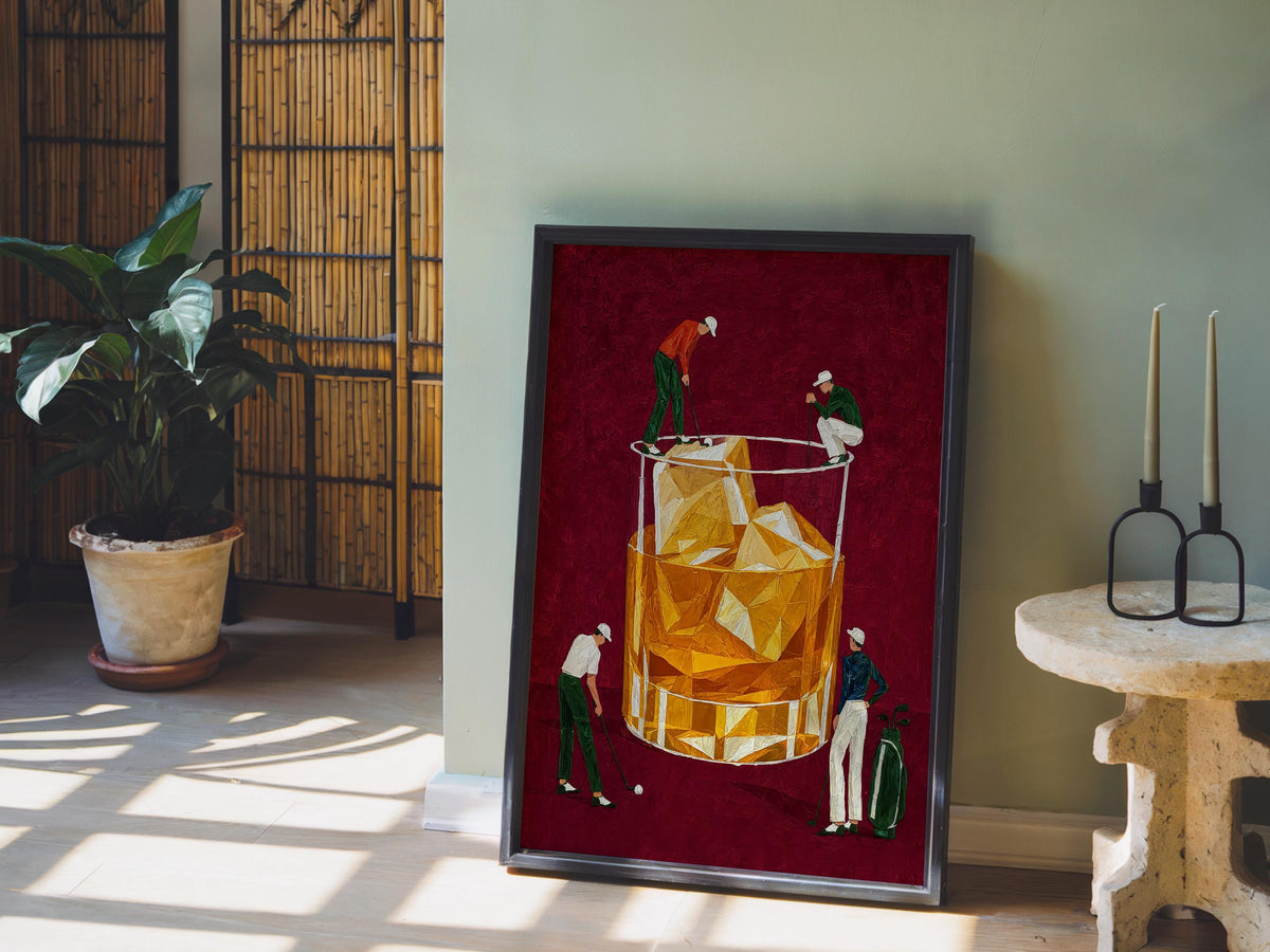 Whiskey Golf Print, Tiny Golfers on a Cocktail Glass, Country Club Bar Decor, Funny Bourbon Golfer Gift, Retro Drinking Poster