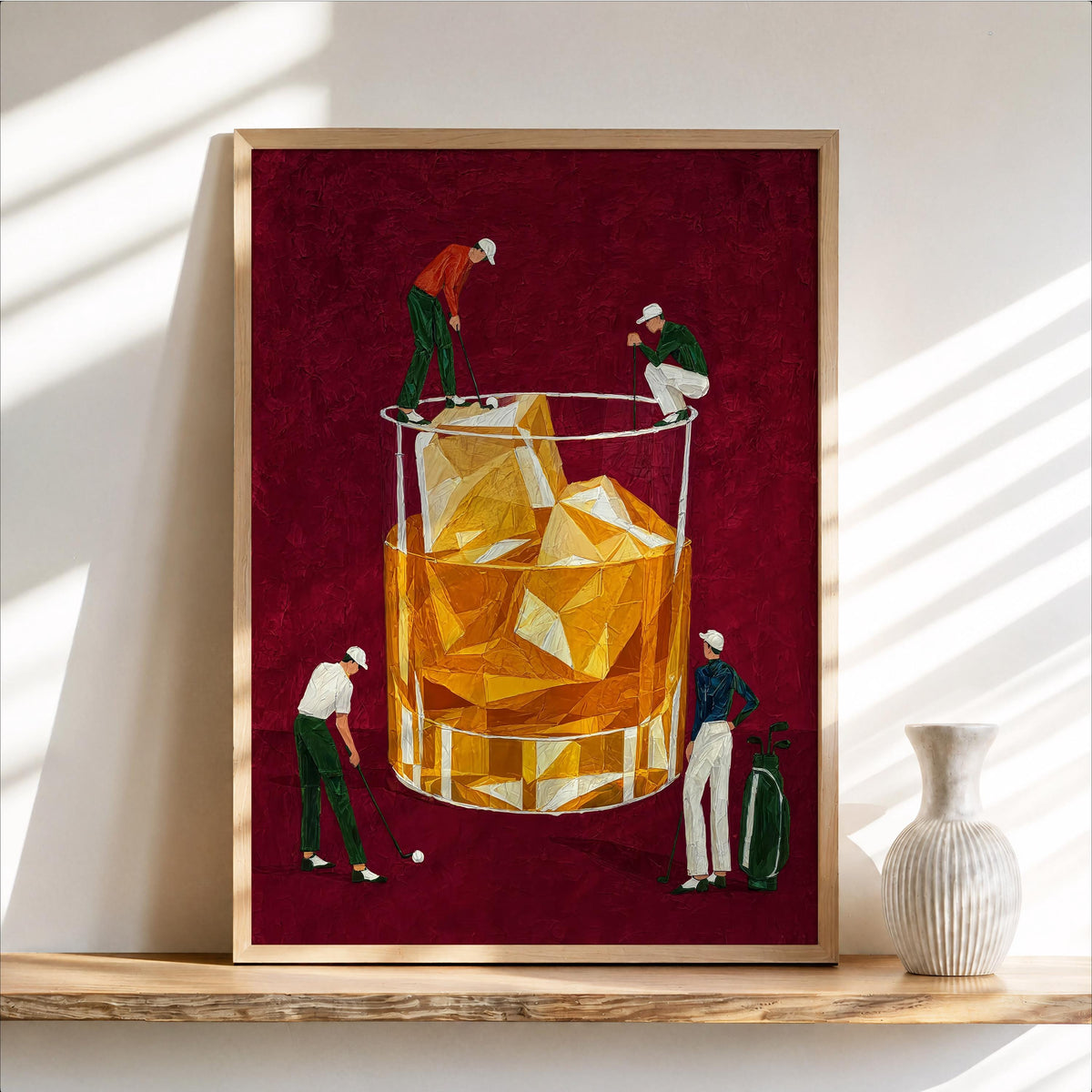 Whiskey Golf Print, Tiny Golfers on a Cocktail Glass, Country Club Bar Decor, Funny Bourbon Golfer Gift, Retro Drinking Poster