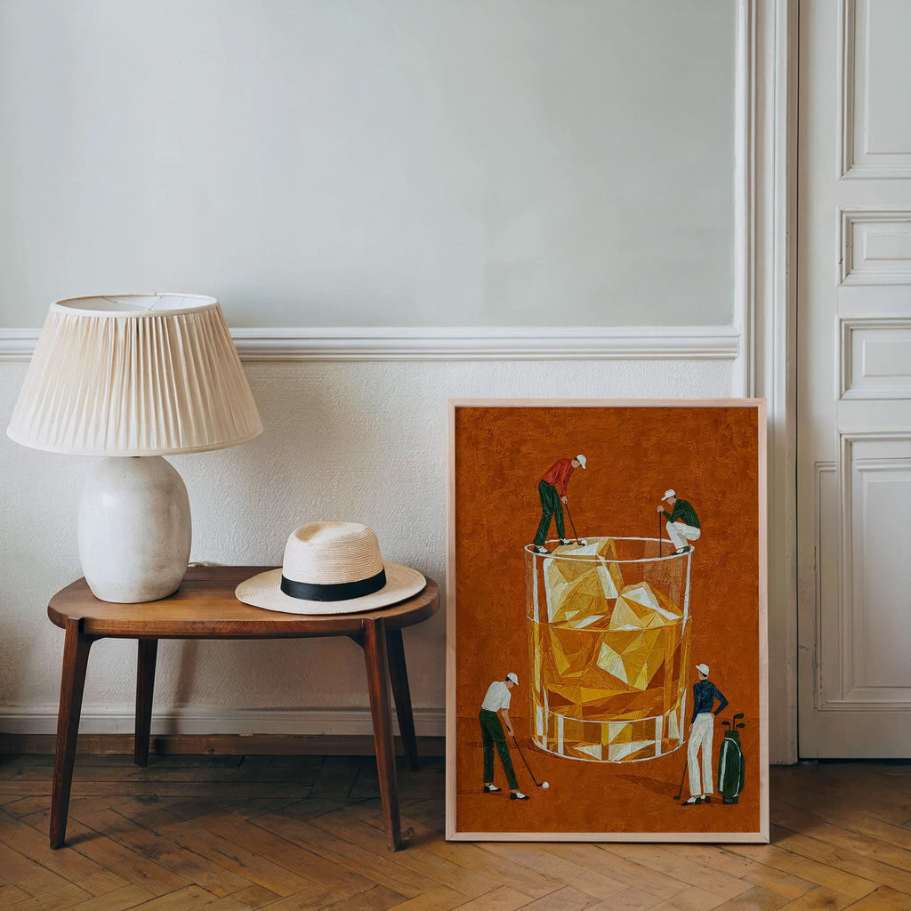 Whiskey Golf Print, Tiny Golfers on a Cocktail Glass, Country Club Bar Decor, Funny Bourbon Golfer Gift, Retro Drinking Poster