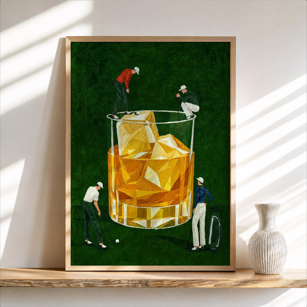 Whiskey Golf Print, Tiny Golfers on a Cocktail Glass, Country Club Bar Decor, Funny Bourbon Golfer Gift, Retro Drinking Poster