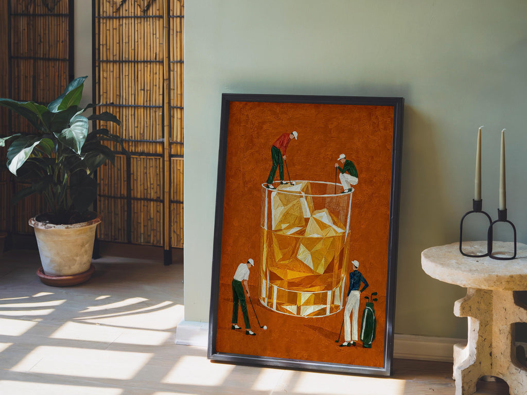 Whiskey Golf Print, Tiny Golfers on a Cocktail Glass, Country Club Bar Decor, Funny Bourbon Golfer Gift, Retro Drinking Poster