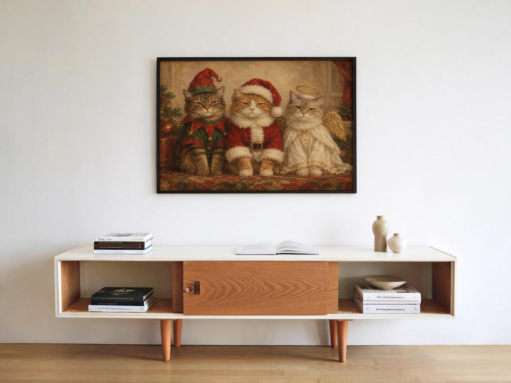 Funny Christmas Cats Oil Painting, Elf Santa Angel Pet Costume Portrait, Cozy Holiday Cat Wall Art, Cute Xmas Animals Print
