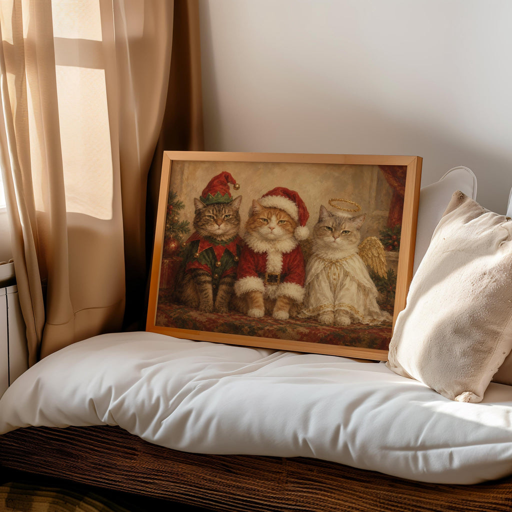 Funny Christmas Cats Oil Painting, Elf Santa Angel Pet Costume Portrait, Cozy Holiday Cat Wall Art, Cute Xmas Animals Print