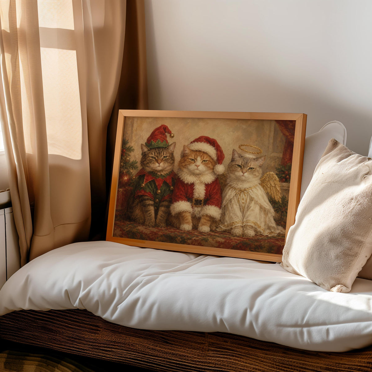 Funny Christmas Cats Oil Painting, Elf Santa Angel Pet Costume Portrait, Cozy Holiday Cat Wall Art, Cute Xmas Animals Print