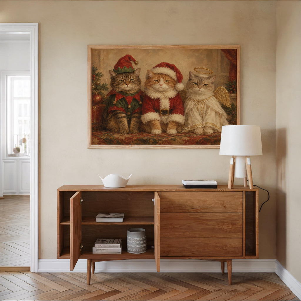 Funny Christmas Cats Oil Painting, Elf Santa Angel Pet Costume Portrait, Cozy Holiday Cat Wall Art, Cute Xmas Animals Print