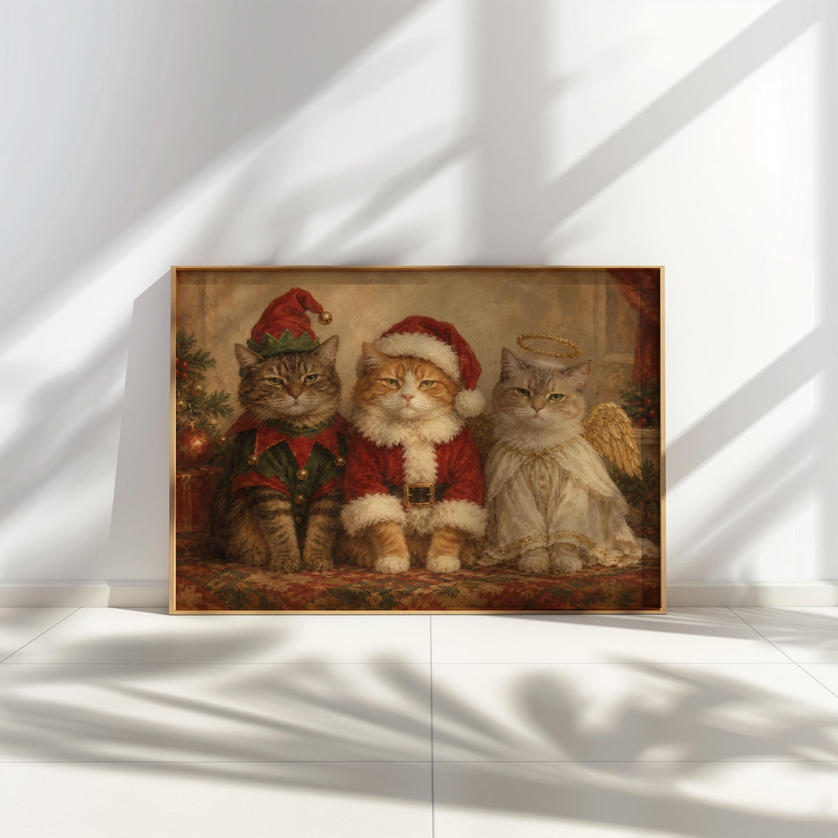 Funny Christmas Cats Oil Painting, Elf Santa Angel Pet Costume Portrait, Cozy Holiday Cat Wall Art, Cute Xmas Animals Print