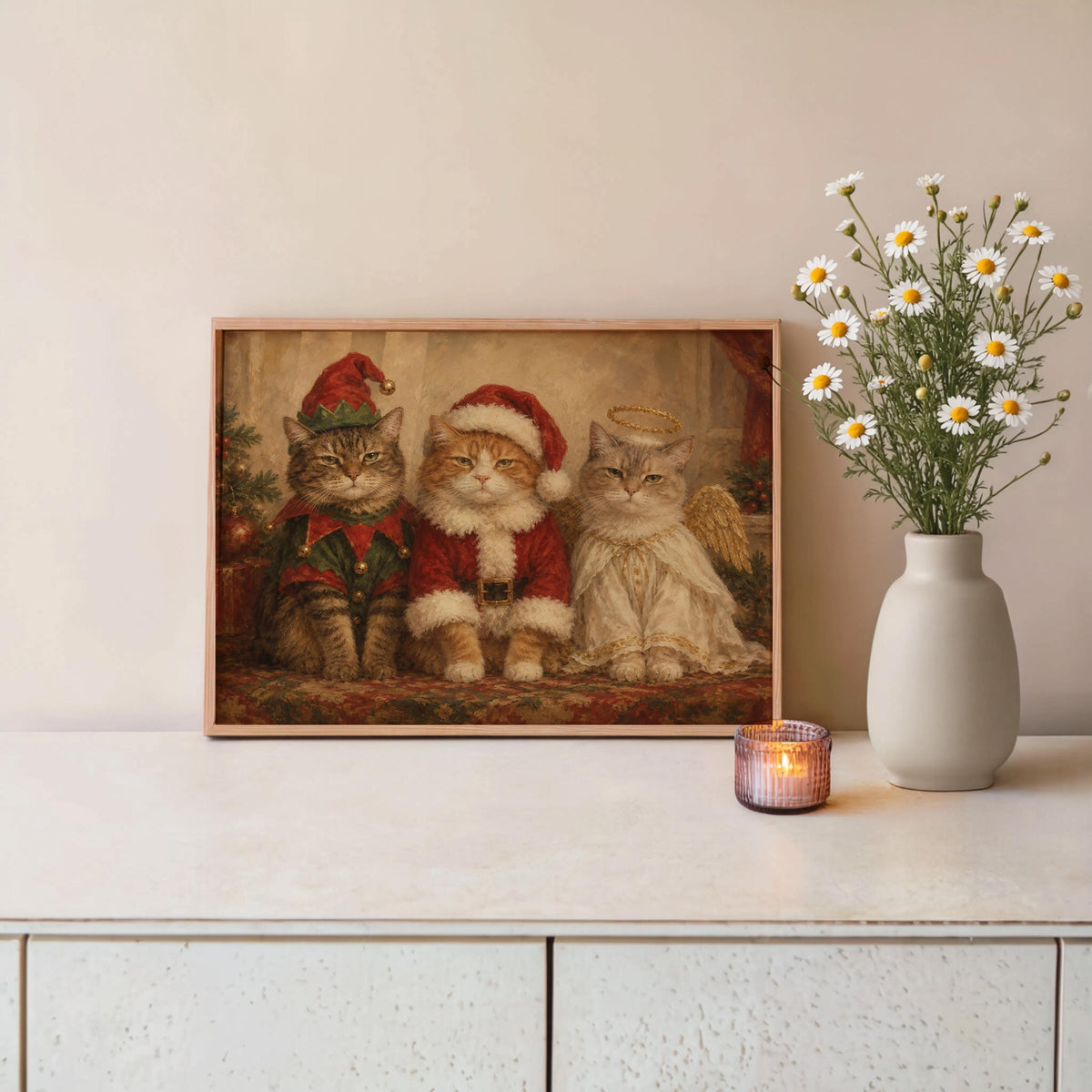 Funny Christmas Cats Oil Painting, Elf Santa Angel Pet Costume Portrait, Cozy Holiday Cat Wall Art, Cute Xmas Animals Print