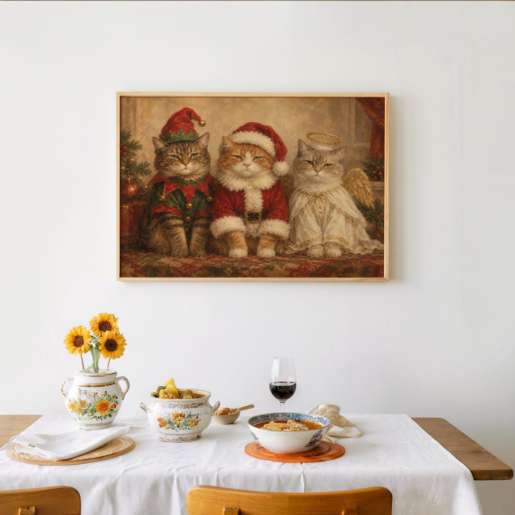 Funny Christmas Cats Oil Painting, Elf Santa Angel Pet Costume Portrait, Cozy Holiday Cat Wall Art, Cute Xmas Animals Print