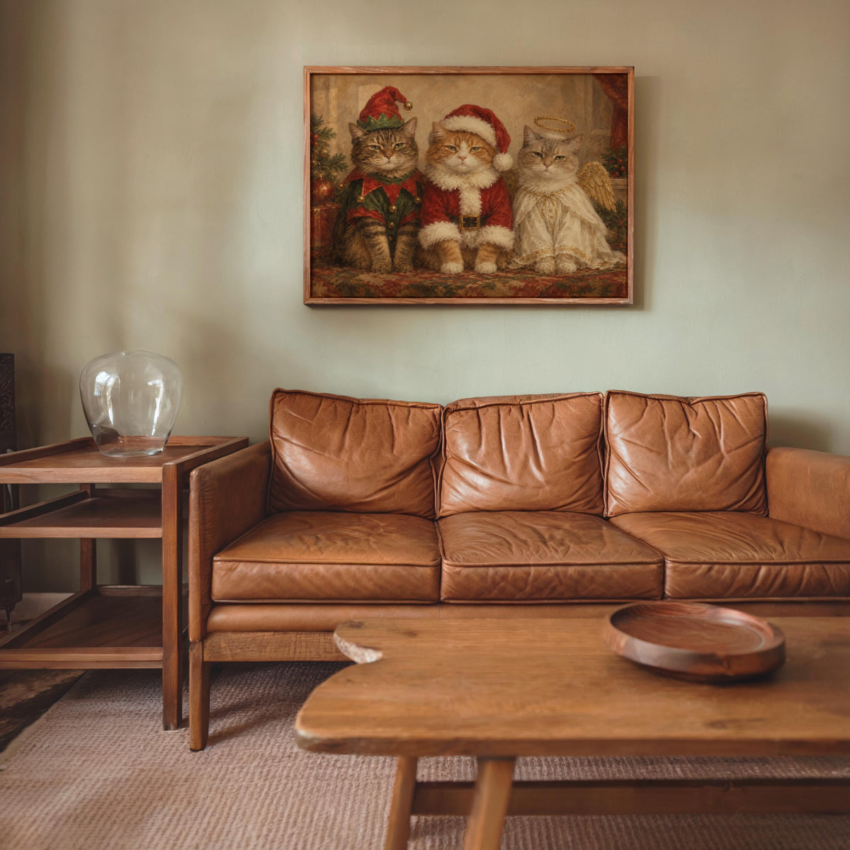 Funny Christmas Cats Oil Painting, Elf Santa Angel Pet Costume Portrait, Cozy Holiday Cat Wall Art, Cute Xmas Animals Print