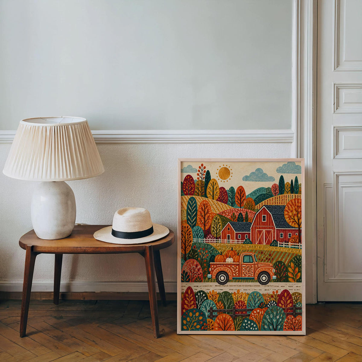 Autumn Barn Pickup Truck Print, Fall Farmhouse Wall Decor, Red Truck Poster, Rustic Countryside Landscape, Harvest Home Accent