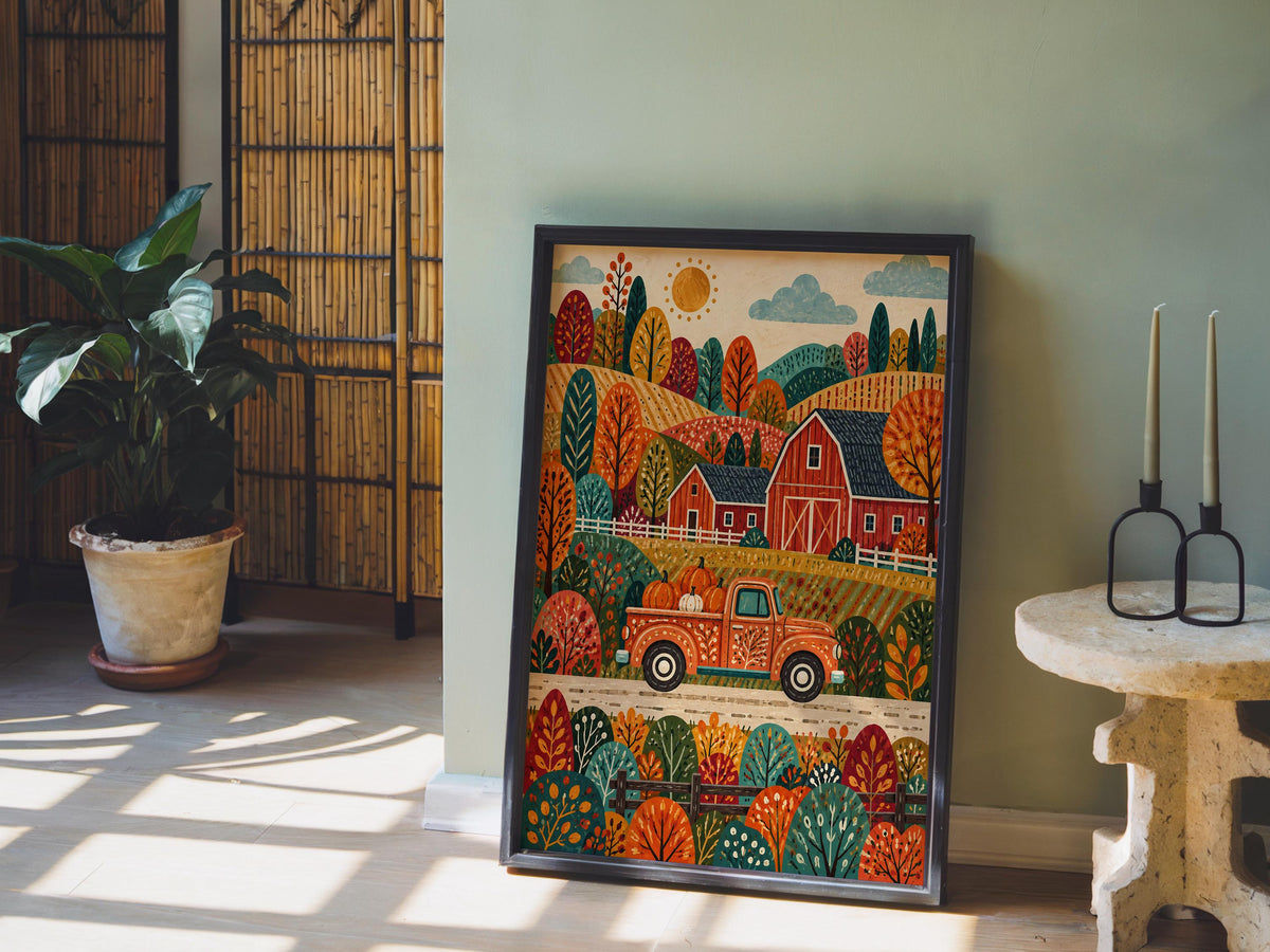 Autumn Barn Pickup Truck Print, Fall Farmhouse Wall Decor, Red Truck Poster, Rustic Countryside Landscape, Harvest Home Accent