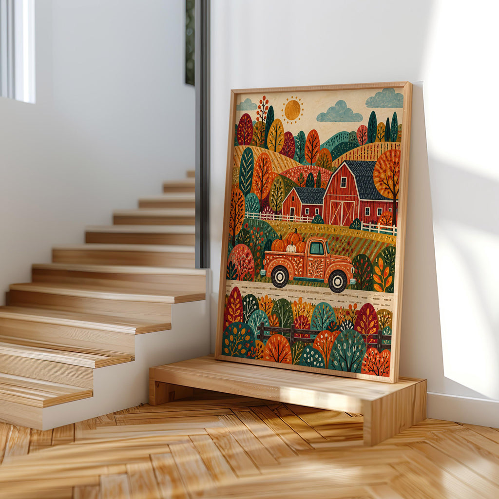 Autumn Barn Pickup Truck Print, Fall Farmhouse Wall Decor, Red Truck Poster, Rustic Countryside Landscape, Harvest Home Accent