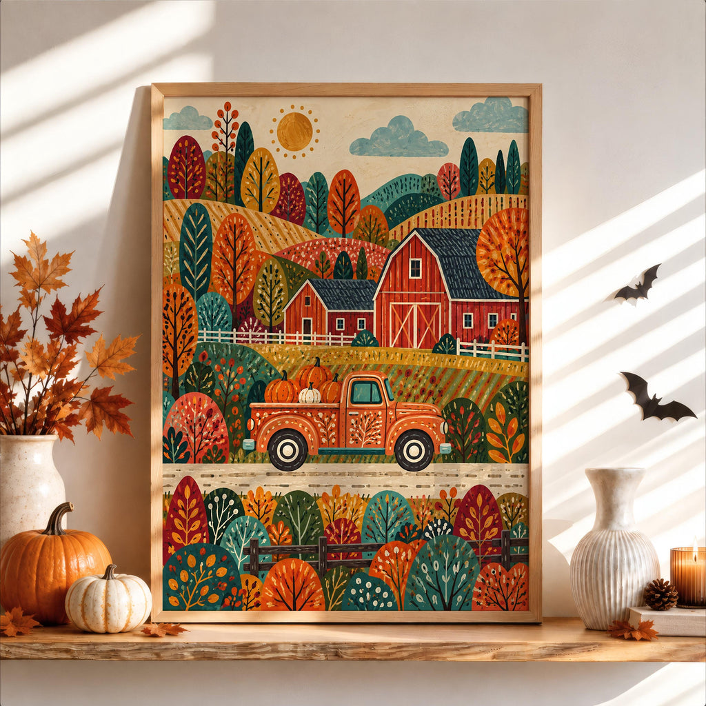 Autumn Barn Pickup Truck Print, Fall Farmhouse Wall Decor, Red Truck Poster, Rustic Countryside Landscape, Harvest Home Accent