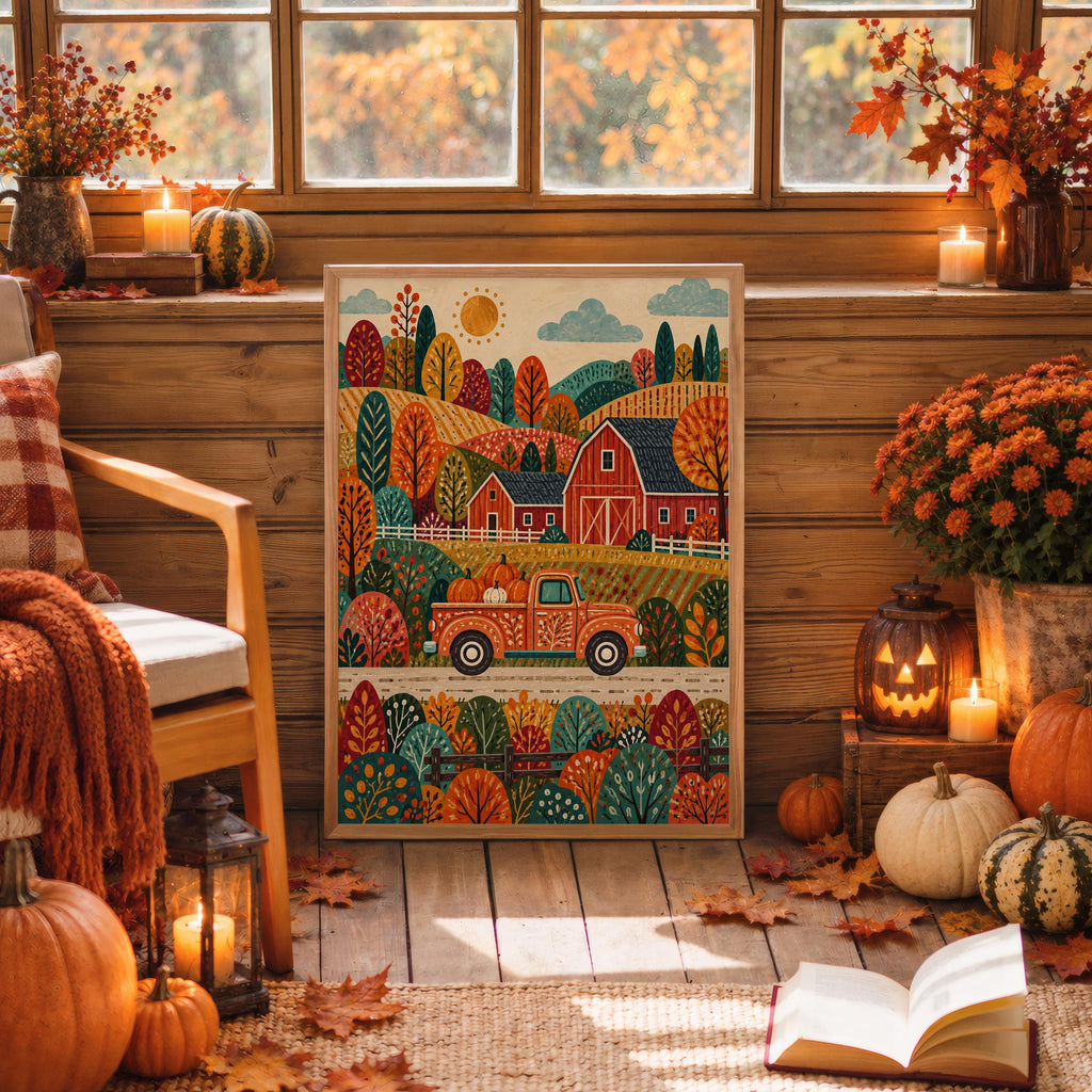 Autumn Barn Pickup Truck Print, Fall Farmhouse Wall Decor, Red Truck Poster, Rustic Countryside Landscape, Harvest Home Accent