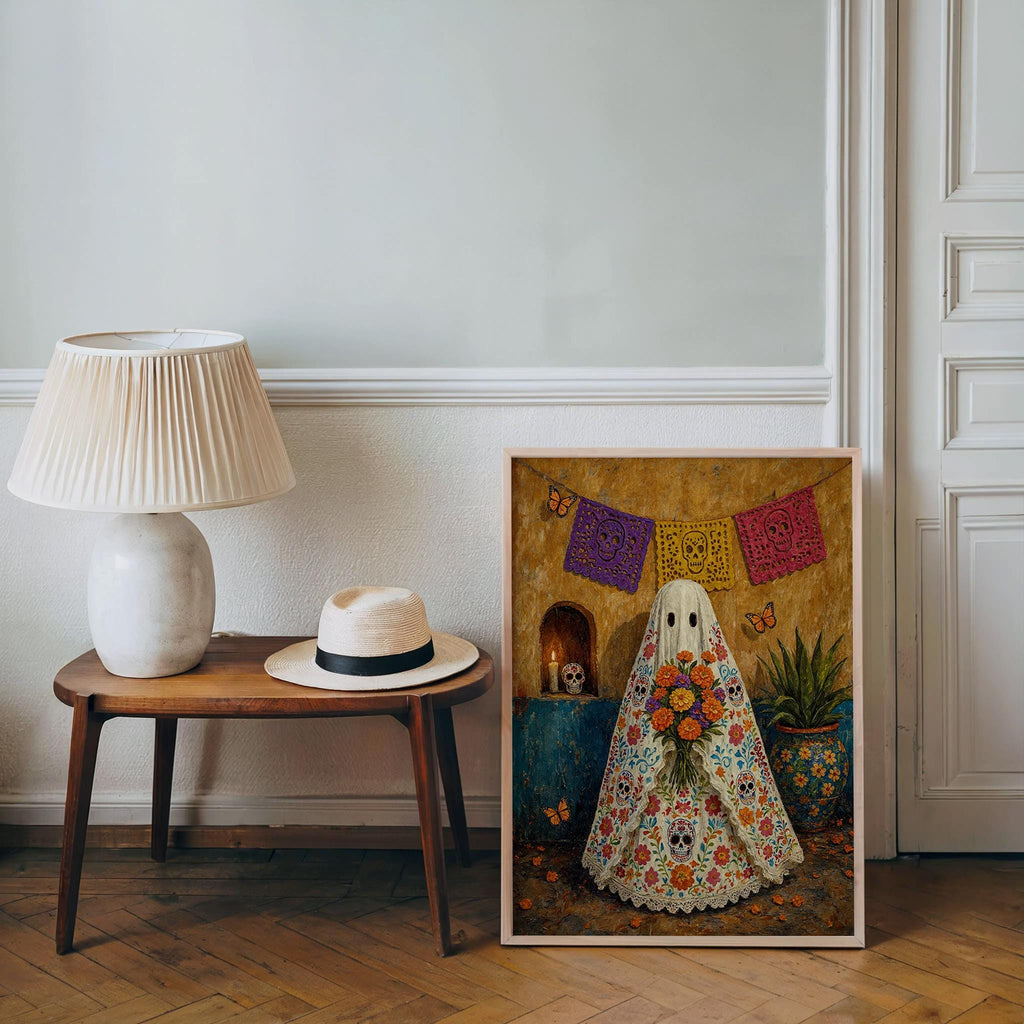 Mexican Folk Art Ghost Print, Halloween Sugar Skull Dia de los Muertos Painting, Papel Picado Mexico Wall Art