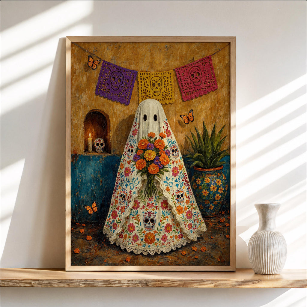 Mexican Folk Art Ghost Print, Halloween Sugar Skull Dia de los Muertos Painting, Papel Picado Mexico Wall Art