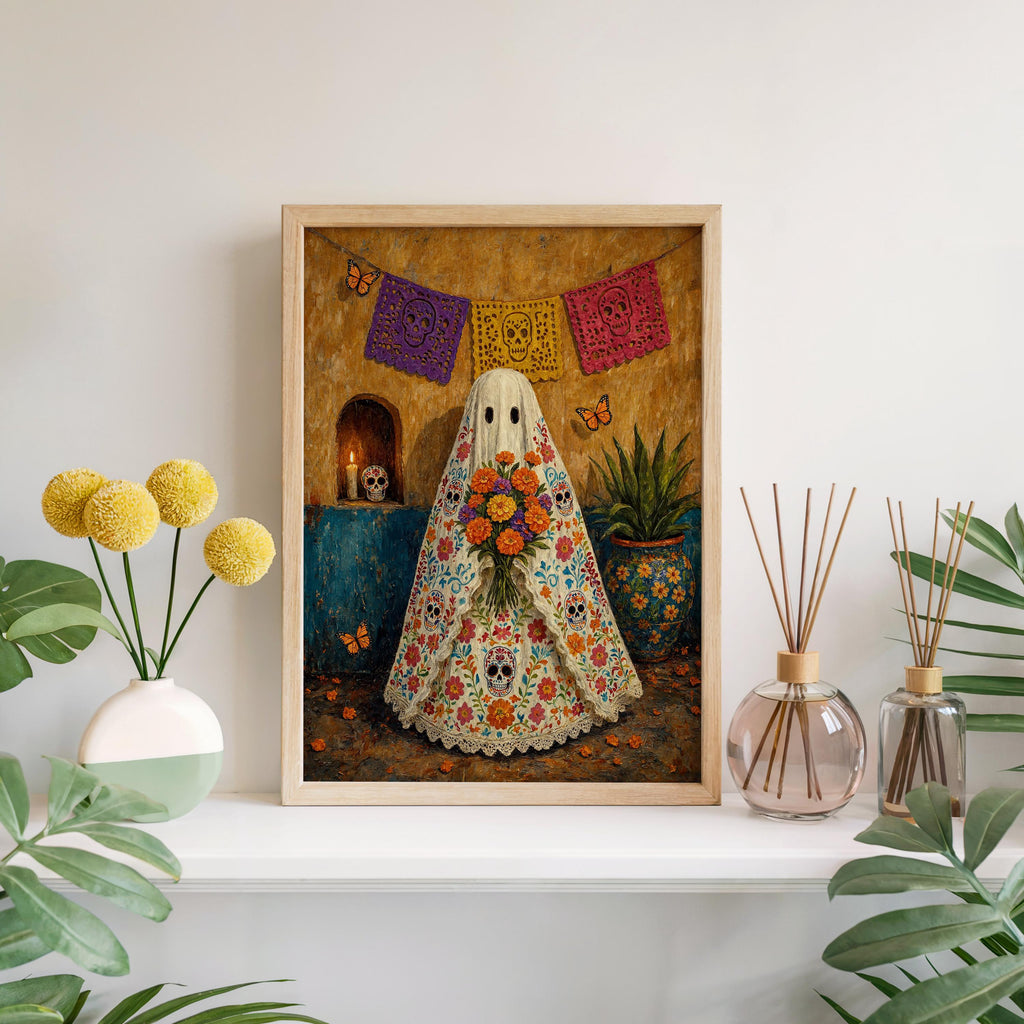 Mexican Folk Art Ghost Print, Halloween Sugar Skull Dia de los Muertos Painting, Papel Picado Mexico Wall Art