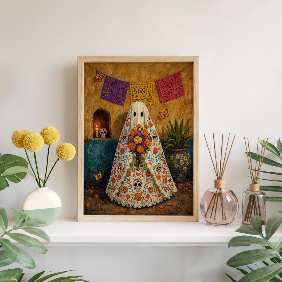 Mexican Folk Art Ghost Print, Halloween Sugar Skull Dia de los Muertos Painting, Papel Picado Mexico Wall Art