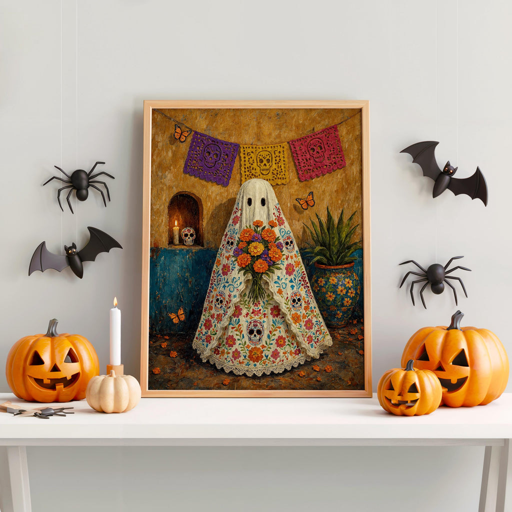 Mexican Folk Art Ghost Print, Halloween Sugar Skull Dia de los Muertos Painting, Papel Picado Mexico Wall Art