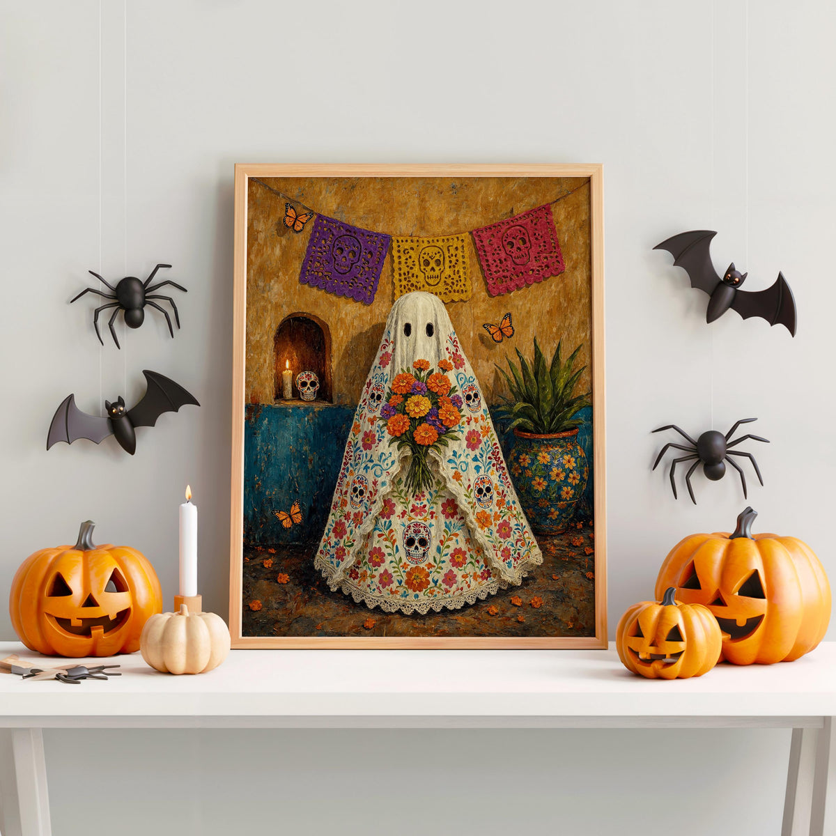Mexican Folk Art Ghost Print, Halloween Sugar Skull Dia de los Muertos Painting, Papel Picado Mexico Wall Art