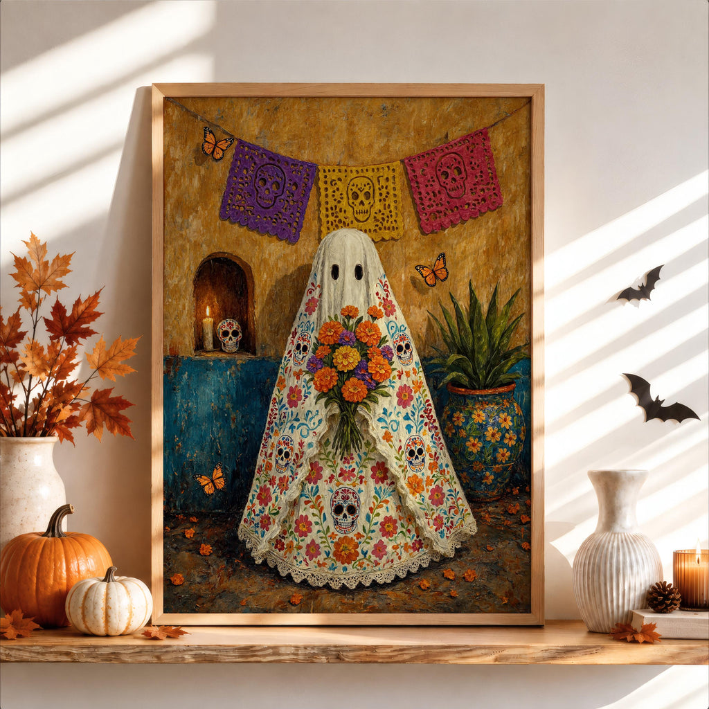 Mexican Folk Art Ghost Print, Halloween Sugar Skull Dia de los Muertos Painting, Papel Picado Mexico Wall Art