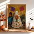 Mexican Folk Art Ghost Print, Halloween Sugar Skull Dia de los Muertos Painting, Papel Picado Mexico Wall Art