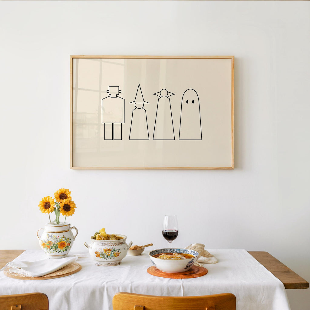 Halloween Monster Line Art, Frankenstein Witch Vampire Ghost Silhouette Print, Minimalist Spooky Season Decor, Witchy Minimalist Poster