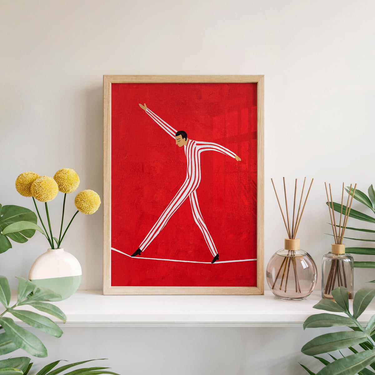 Tightrope walker wall art framed on a windowsill, bold red circus art print, white linear figure