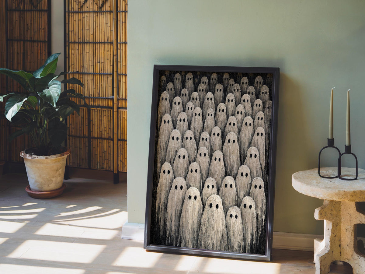 Ghost Gathering Wall Art, Rustic Impasto Halloween Painting, Spooky Season Gothic Home Decor, Whimsigoth Witchy Print, Dark Academia Gift