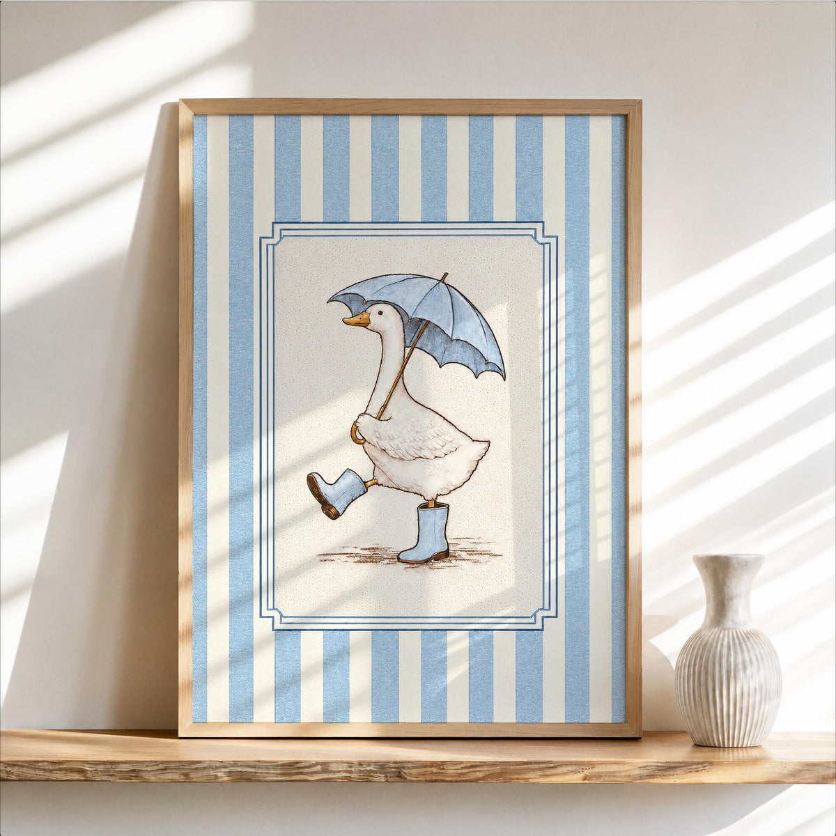 Silly Goose & Umbrella Print, Duck in Rain Boots Poster, Whimsical Girly Wall Art, Cute Striped Animal Panel, Funny Nursery Bathroom Decor