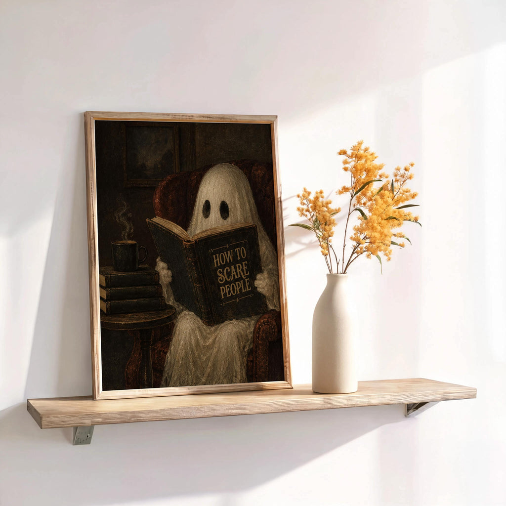 Ghost Reading Book Print, Funny How to Scare People Wall Art, Dark Academia Decor, Halloween Library Print, Humorous Gothic Home Accent