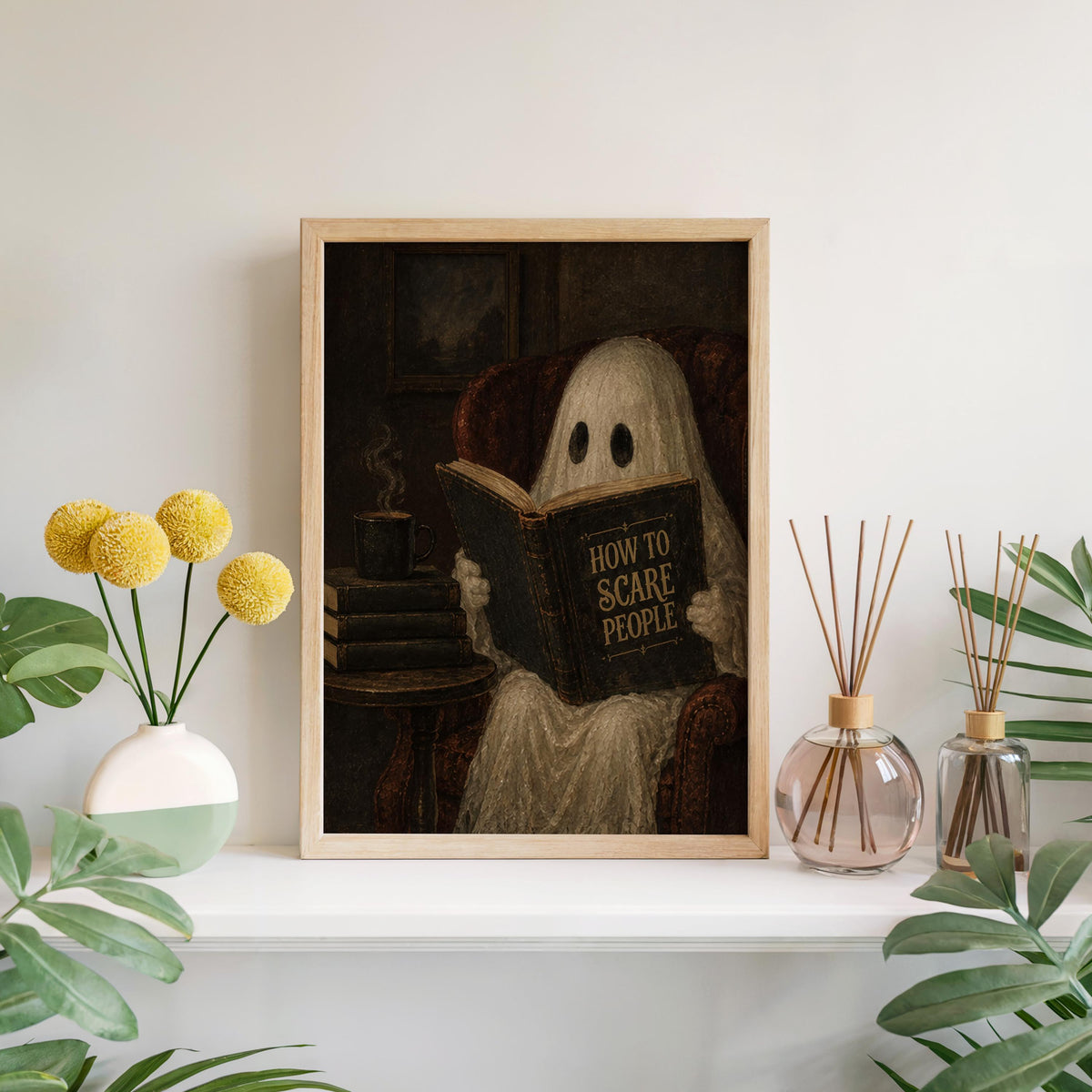 Ghost Reading Book Print, Funny How to Scare People Wall Art, Dark Academia Decor, Halloween Library Print, Humorous Gothic Home Accent