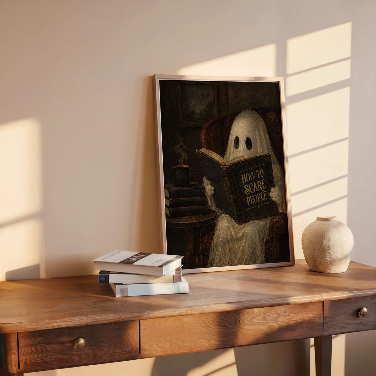 Ghost Reading Book Print, Funny How to Scare People Wall Art, Dark Academia Decor, Halloween Library Print, Humorous Gothic Home Accent