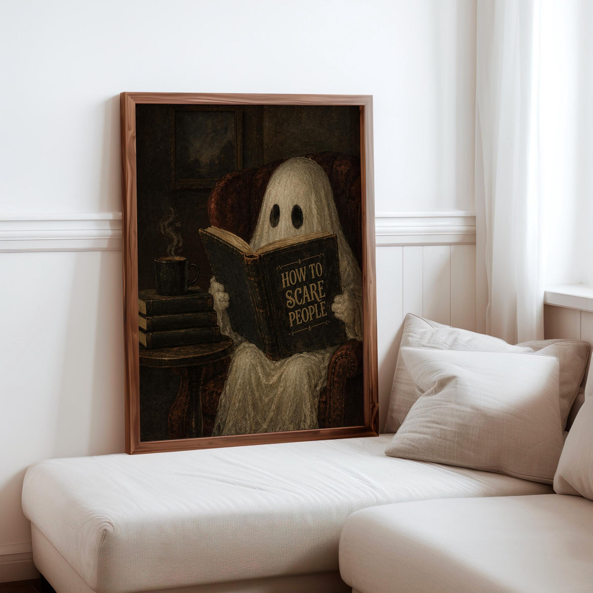Ghost Reading Book Print, Funny How to Scare People Wall Art, Dark Academia Decor, Halloween Library Print, Humorous Gothic Home Accent
