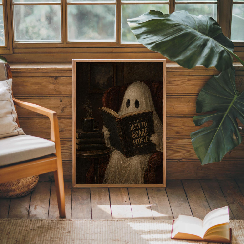 Ghost Reading Book Print, Funny How to Scare People Wall Art, Dark Academia Decor, Halloween Library Print, Humorous Gothic Home Accent