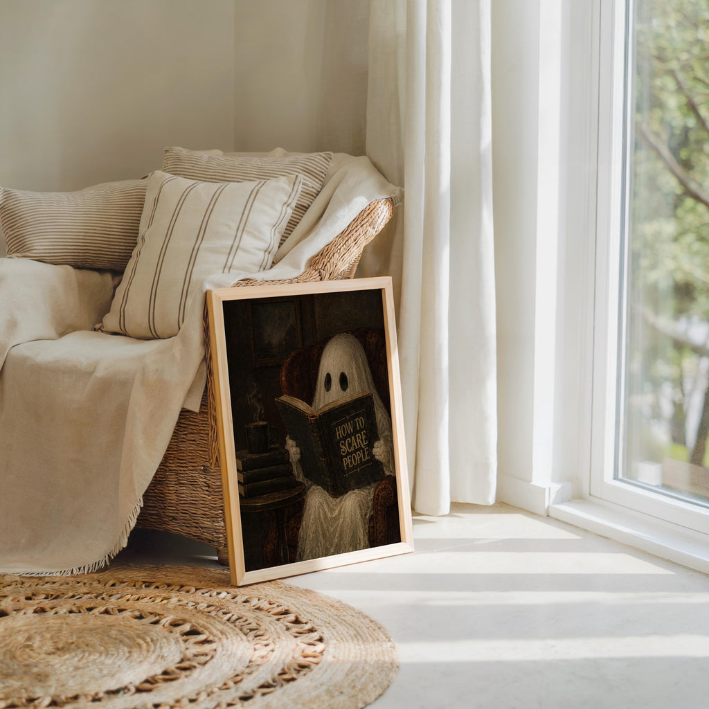 Ghost Reading Book Print, Funny How to Scare People Wall Art, Dark Academia Decor, Halloween Library Print, Humorous Gothic Home Accent